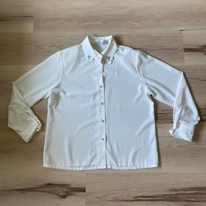 Vintage 80s Floral Embroidered White Blouse, Size M